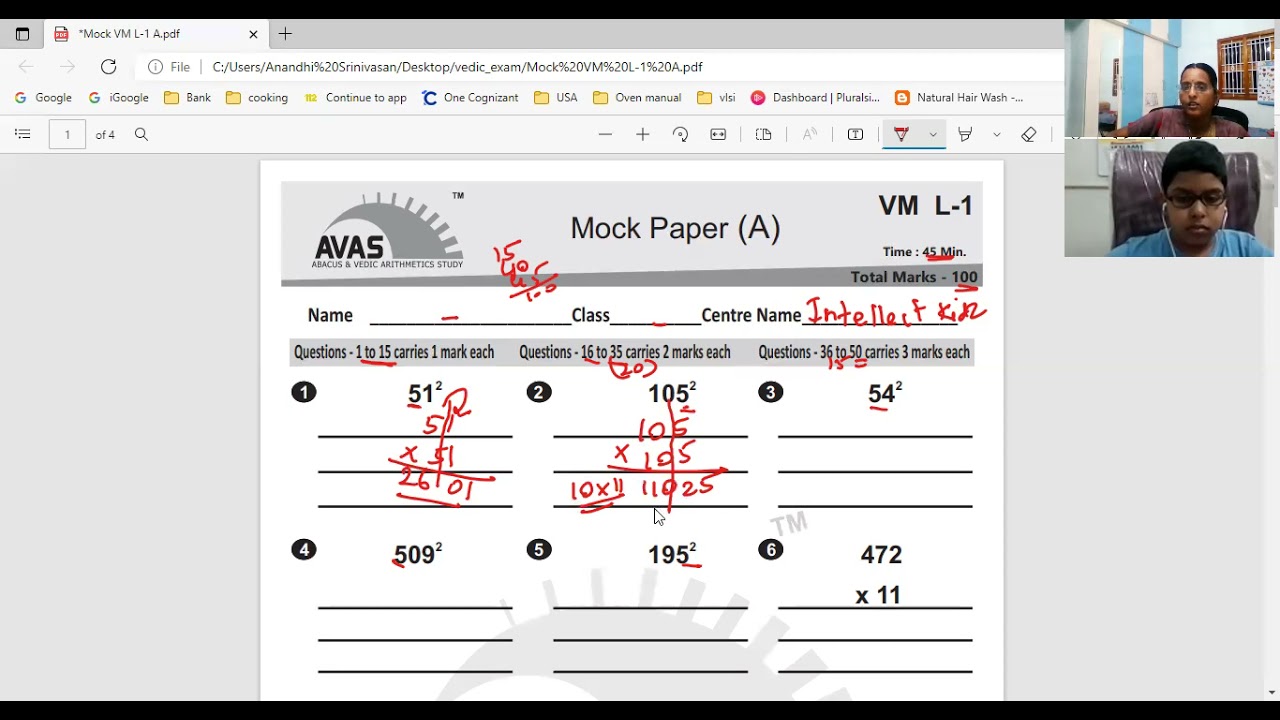 1.  Vedic Maths - Level 1 - Mock test paper A - part 1