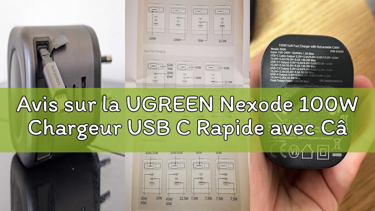 Avis sur la UGREEN Nexode 100W Chargeur USB C Rapide avec C&acirc;ble R&eacute;tractable Int&eacute;gr&eacute; GaNInfinity Comp