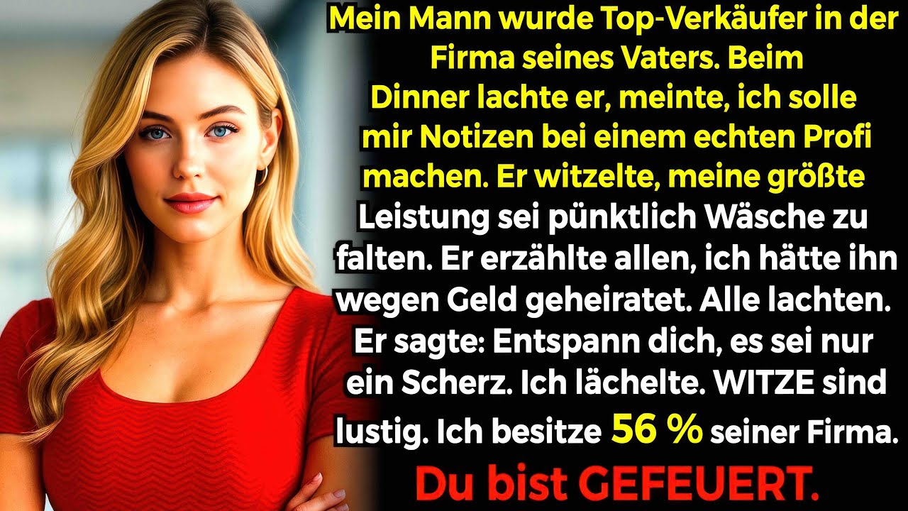 Mein Mann verspottete mich bei einem Luxus-Dinner — er vergaß, dass ich 56 % der Firma besitze