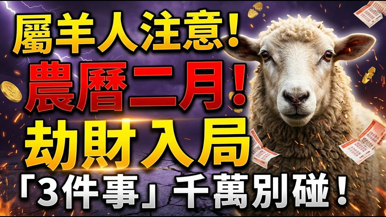 屬羊人注意！農曆二月，「劫財」入局，這個月千萬別碰「3件事」，否則會有大危險！#生肖羊2026運勢 #2026屬羊運勢 #生肖羊財運 #風水 #屬羊禁忌 #生肖羊八字 #避凶趨吉 #轉運 #屬羊運勢
