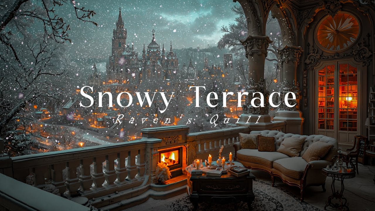 Cozy Fireplace on the Snowy Terrace | Winter Gothic Balcony Library | Dark Academia for Read & Study