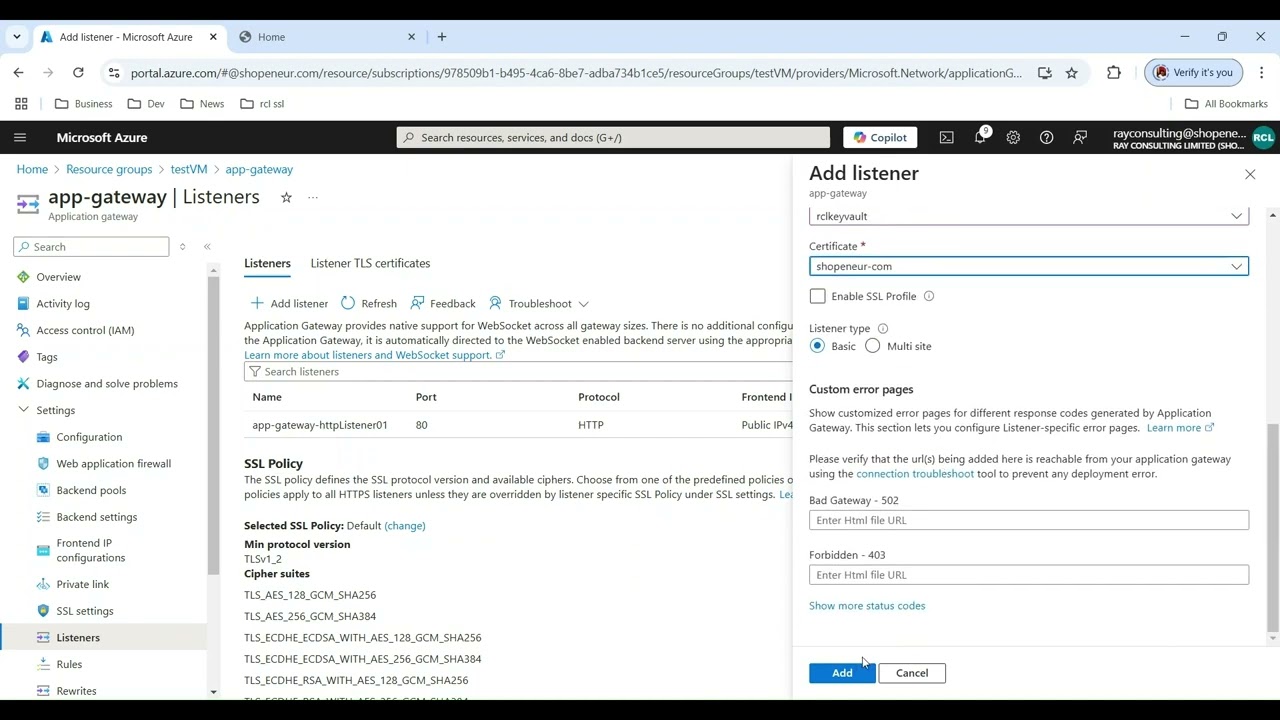Install a SSL/TLS certificate stored in Azure Key Vault in an Azure Application Gateway
