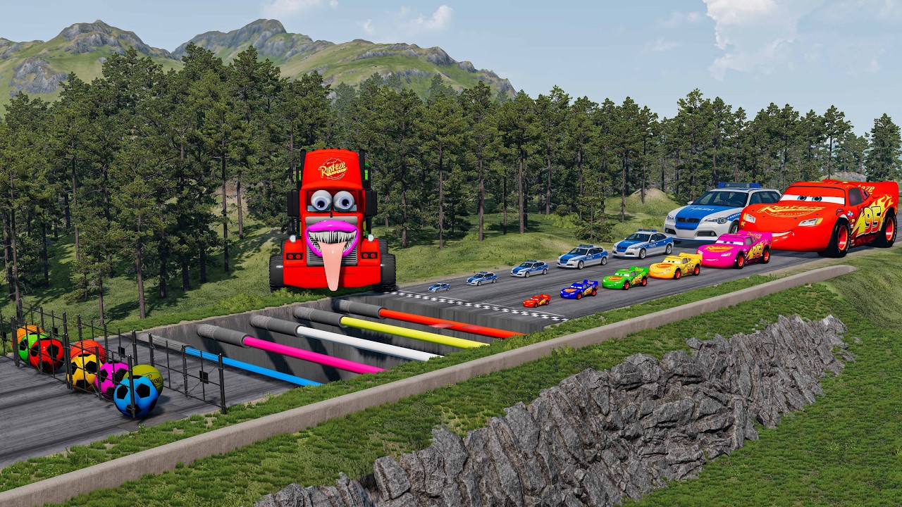Big & Small McQueen & Police Car vs Zombie Mack, Giant Bridge & Laser Light BeamNG.drive