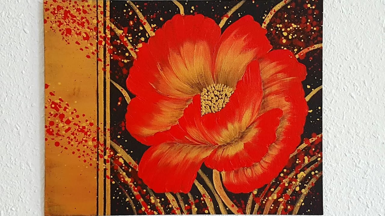 Blume Malen Acryl Rot Gold leicht für Anfänger - Flower Acrylic Painting Red Gold easy for Beginners