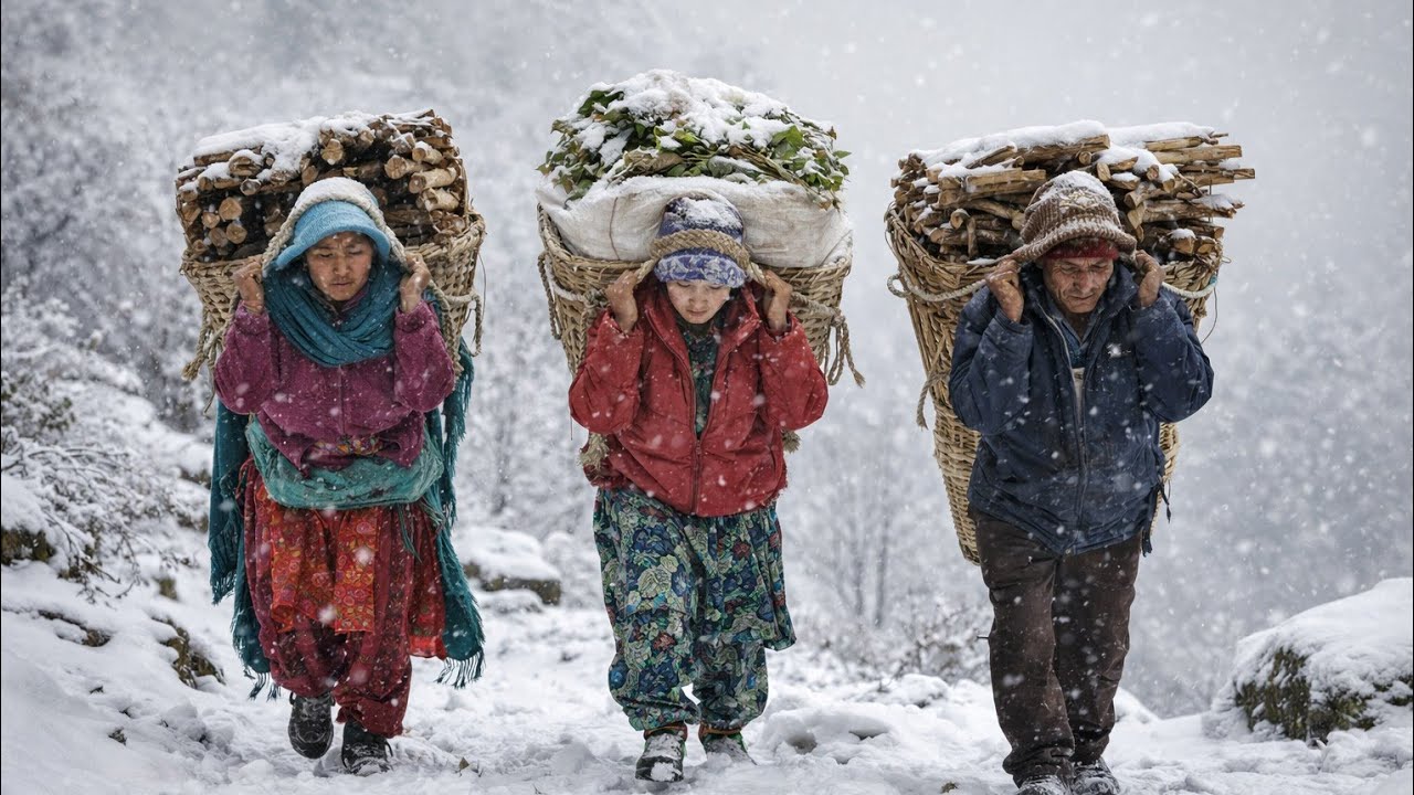 simple Himalayan Routine village Life during The Snowfall Day in Himalyars lifestyle Nepal .