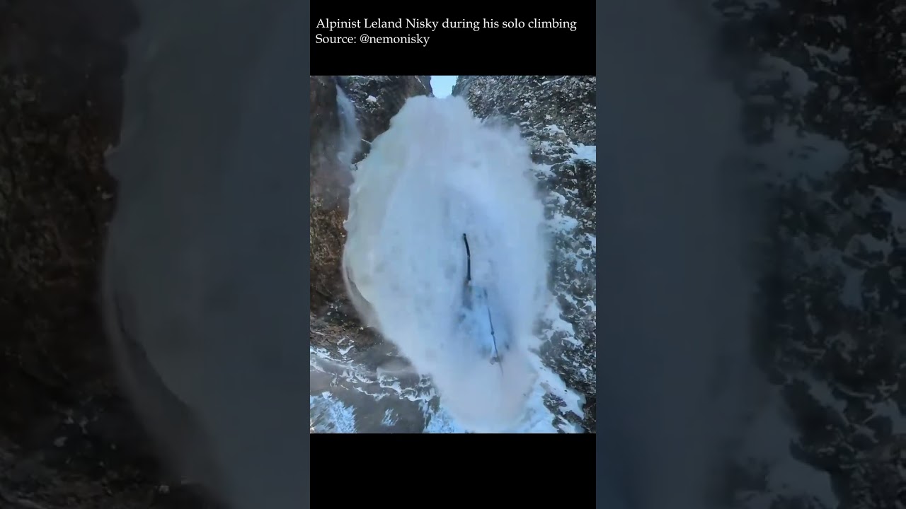 Incredible and terrifying moment during a solo ice climbing. Credit: Alpinist Leland Nisky.
