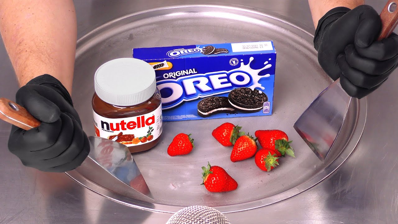 Nutella, Oreo & Strawberry - Ice Cream Rolls | ASMR