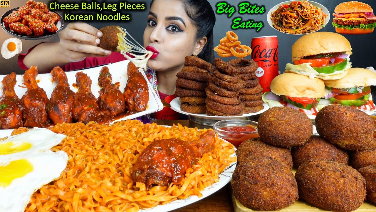 ASMR Eating Veg Burger,Spicy Chicken Leg Piece,Cheese Balls,Noodles Street Food ASMR Eating Mukbang