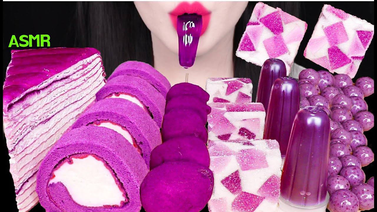 ASMR PURPLE FOOD *EDIBLE SOAP, GRAPE JELLY, BLUEBERRY CREPE CAKE 먹는 비누, 포도 젤리, 크레이프 먹방 JANE ASMR 제인