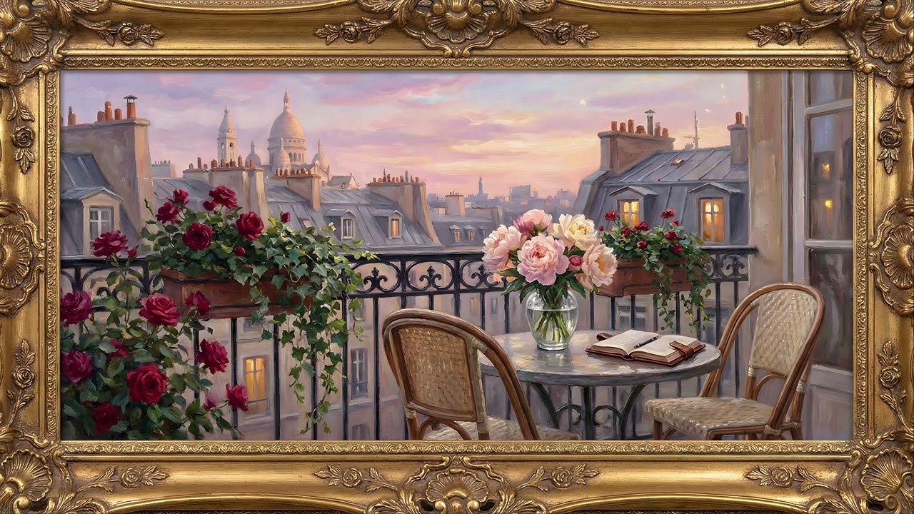 Paris Love Scene Art | Gold Framed Valentine's TV Screensaver | Romantic Sunset Ambience 2HR