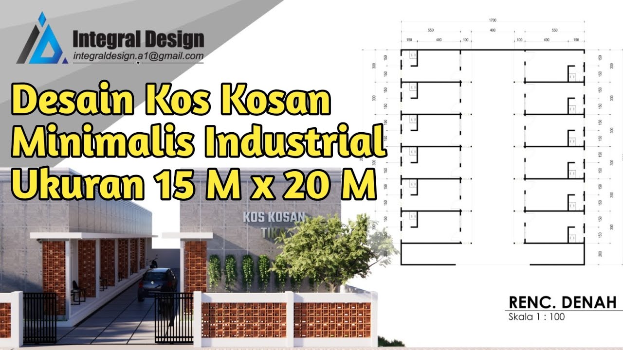 Desain kos kosan Minimalis Industrial, Ukuran lahan 15 m x 20 m.
