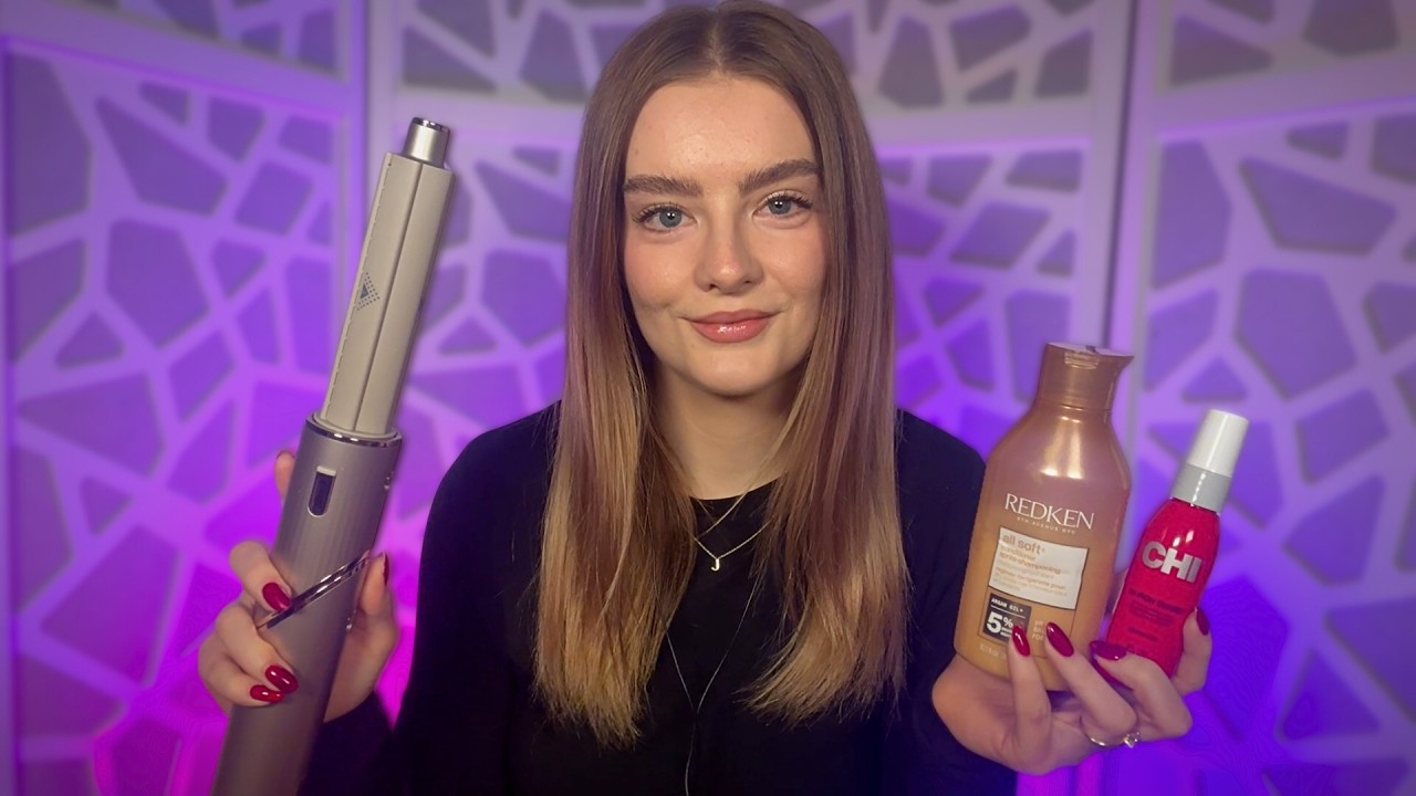 ASMR my hair routine 🎀 washing, styling, products, tools
