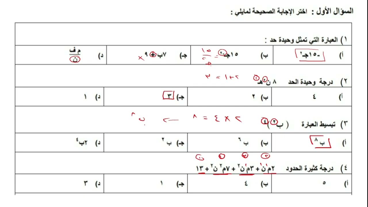 نموذج اختبار رياضيات الصف الثالث متوسط | فصل كثيرات الحدود | الفصل الدراسي الثاني 
