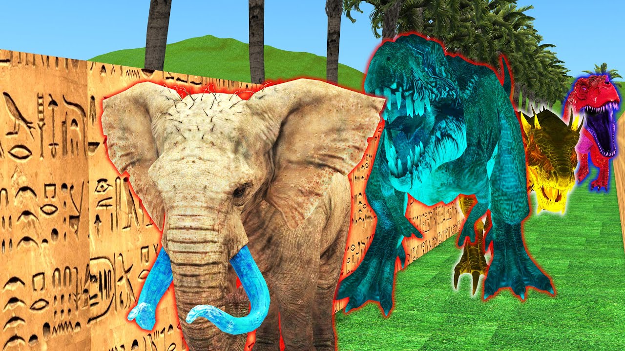 3 Titan t-rex chasing baby Elephant giant  in scary ancient maze