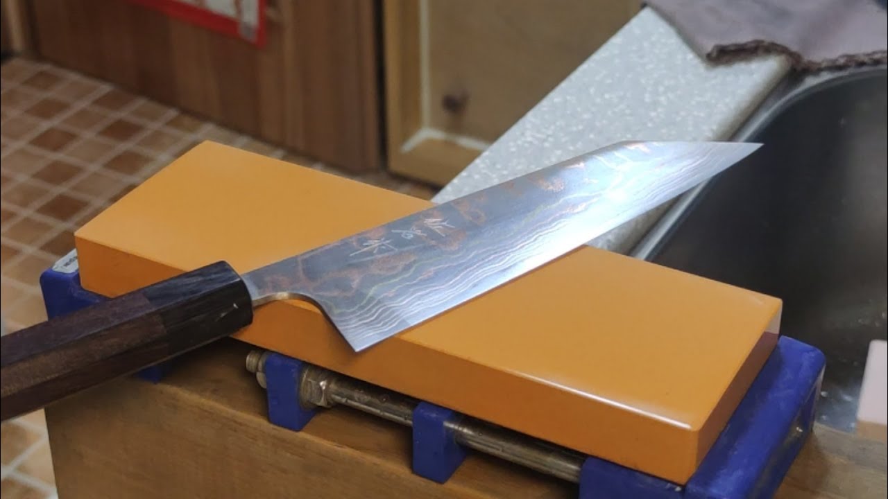 Testing Imanishi Arashiyama 6K Grid Whetstone by Takeshi Saji Aogami#2 Rainbow Damascus Bunka 170mm