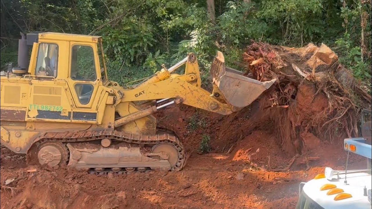 Cat 963 Track Loader VS Massive Tree Stump, Stump Removal, FT Jake Brake Action Big Cam 3 Cummins