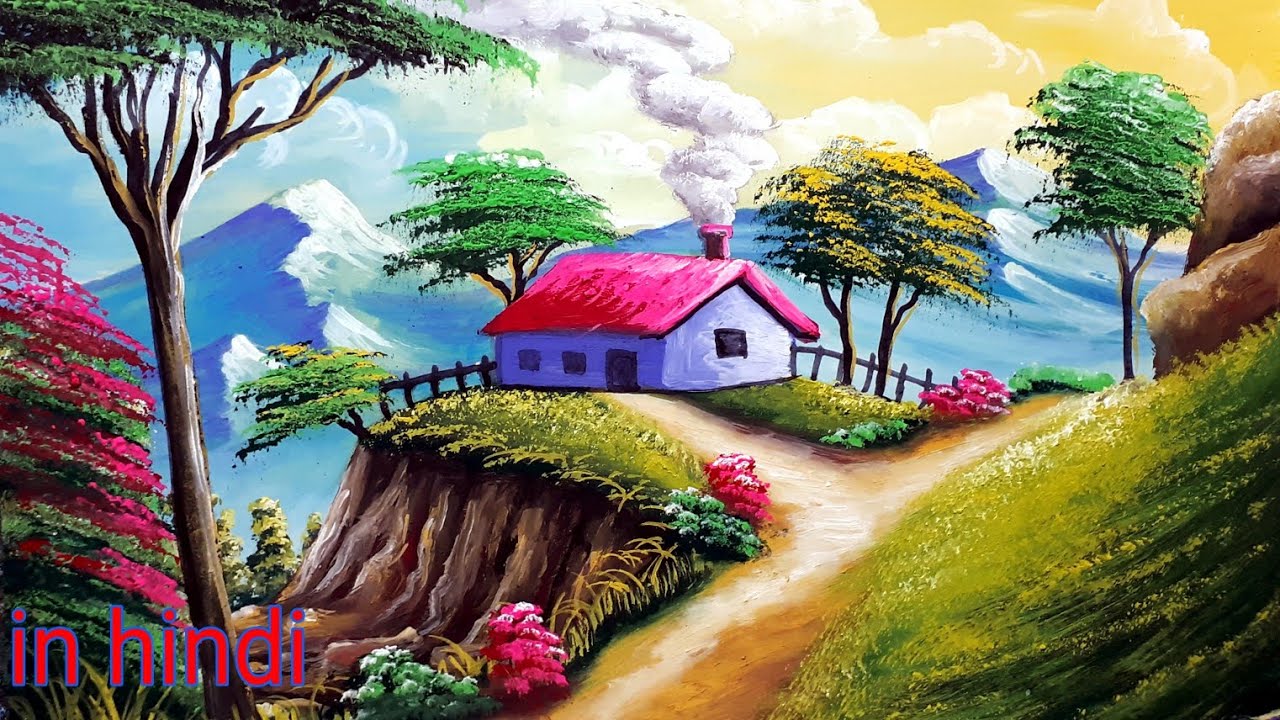 Beautiful mountain village scenery painting || watercolor nature painting step by step