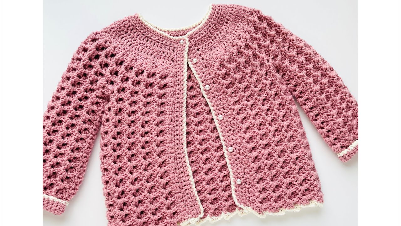 Crochet cardigan sweater, crochet matinee coat for girls up to 10 years, Crystal Waves Stitch