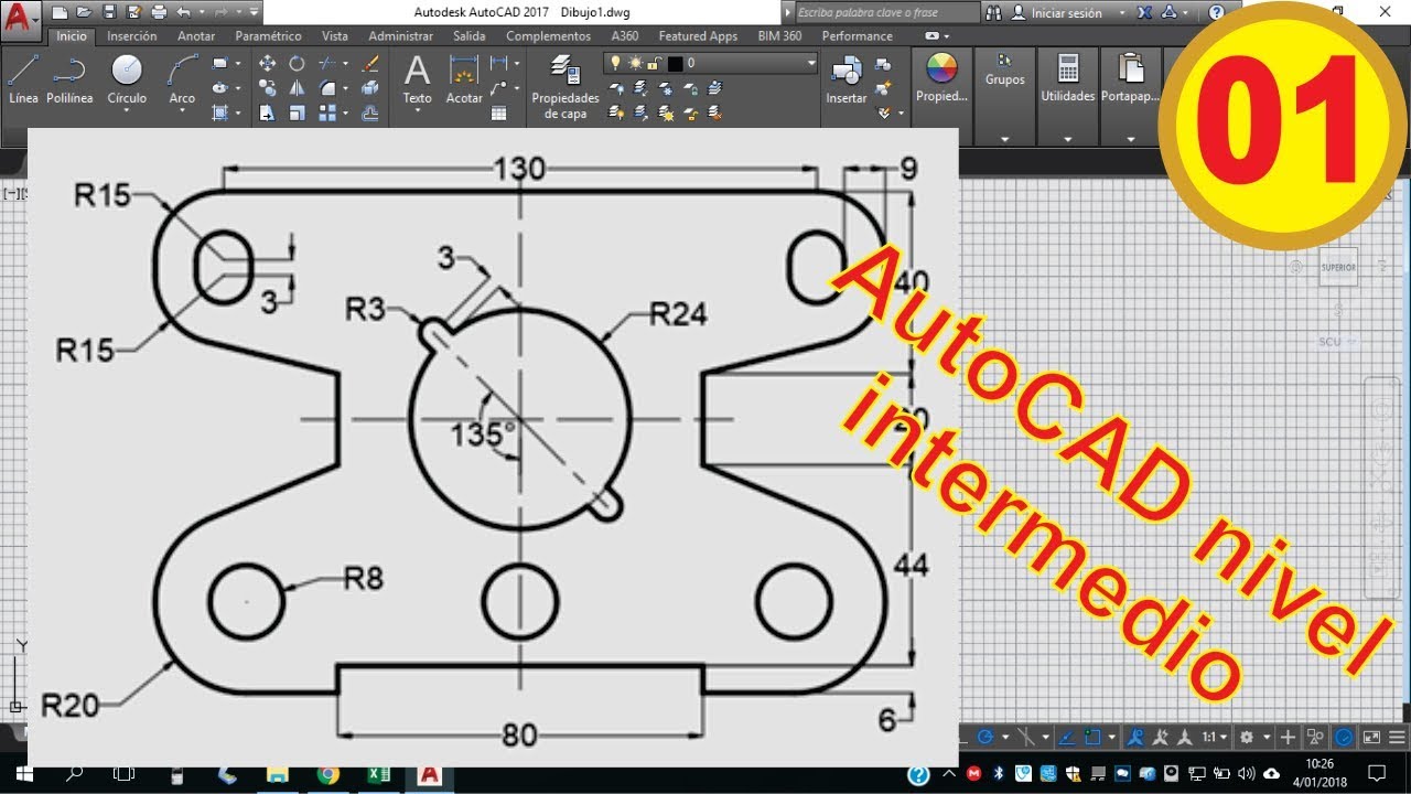 2D Autocad. Ejercicio 01 de AutoCAD nivel intermedio. 100% práctico.