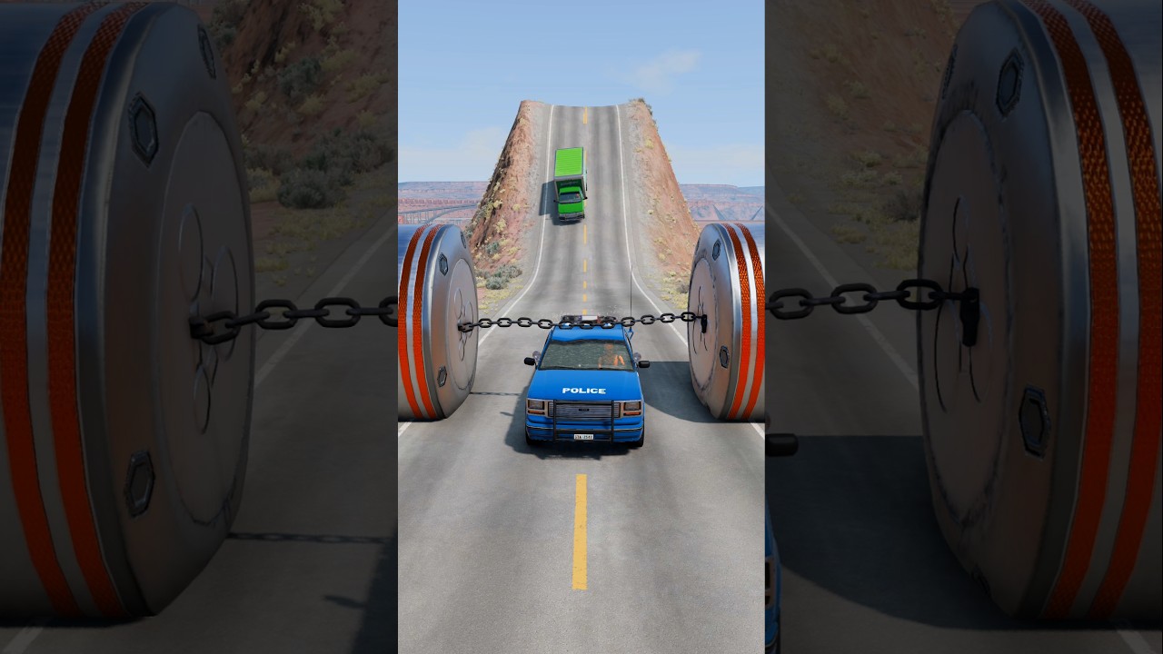 Police Car & Cargo Truck vs Chained Hydraulic Crush - BeamNG.drive #shorts