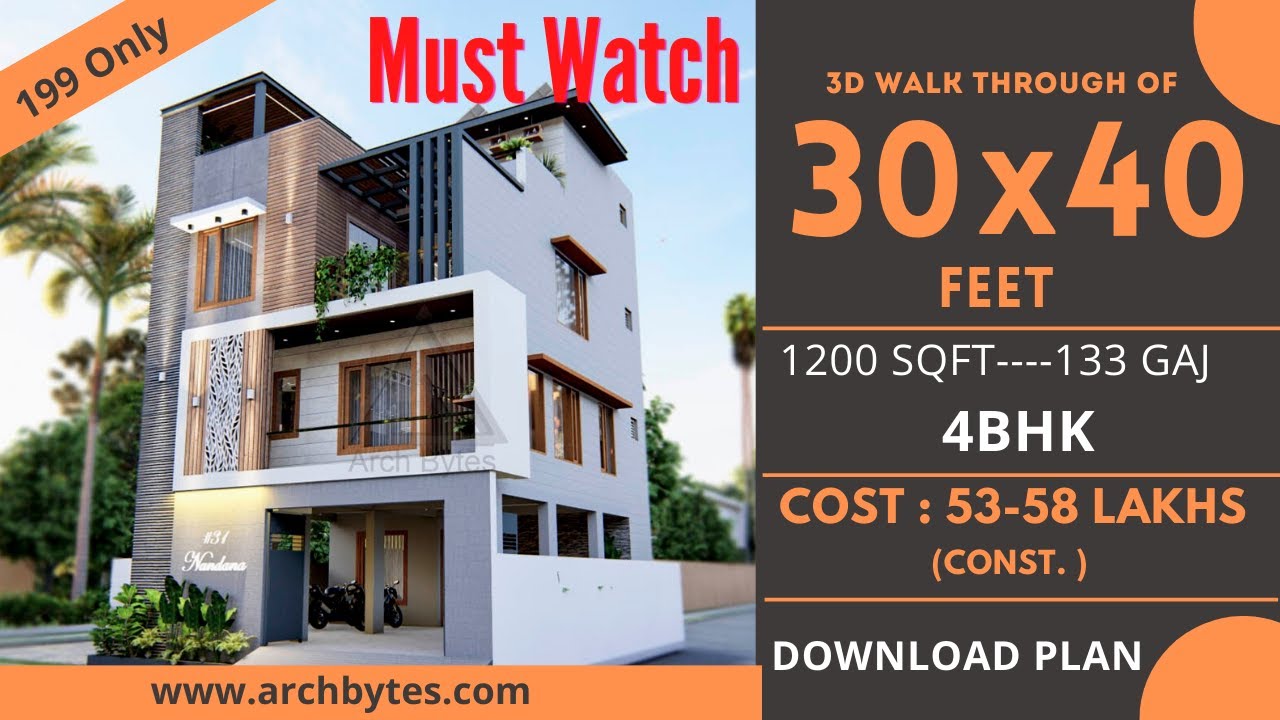 30x40 Feet Modern House Design 3D: 4 Bedrooms, 4 Bathrooms, 3 Floors, Terrace Garden - 1200 Sqft