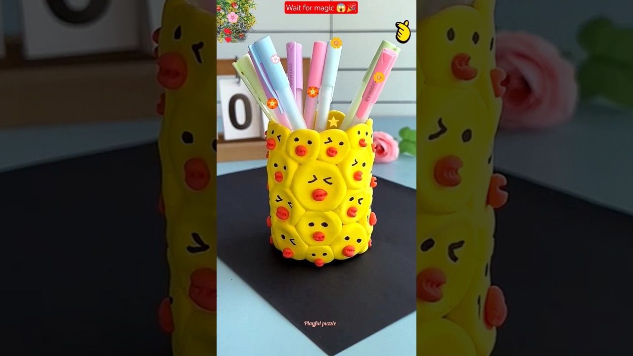 Diy lovely little Pen holder with Clay Art 🖊️ Easy kids craft activities video🪀😨#shorts #craft #diy