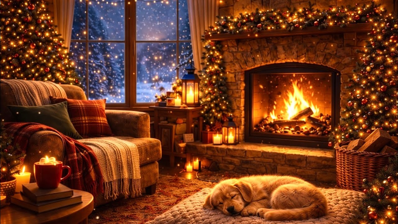 Cozy Winter Fireplace Ambience With DOG ❄️🔥| Blizzard & Soft Fire Sounds for Sleep & Relax [4k]