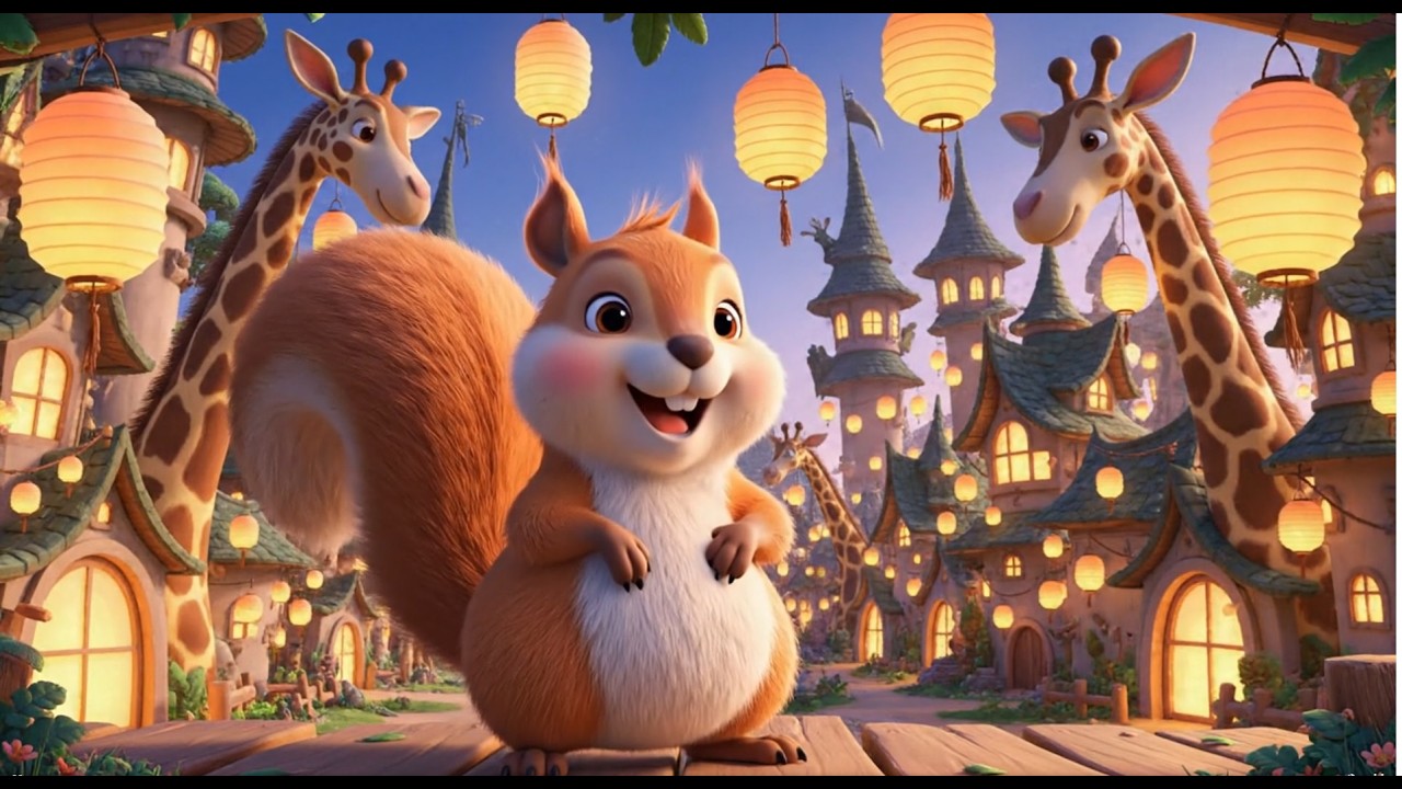 Little Squirrel in the Giraffe Village 🦒✨ | Sky Bridge Adventure & Lantern Festival | Kids Cartoon
