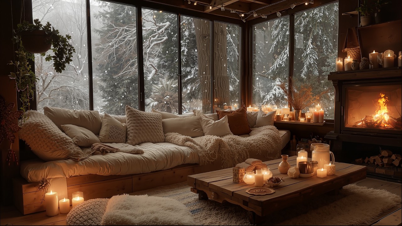 Cozy Winter Night Ambience in a Forest Cabin | Soft Piano & Crackling Fireplace Sounds for Focus