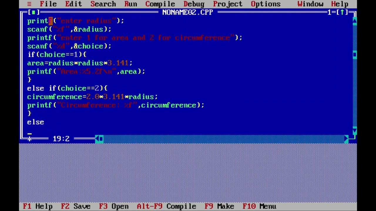 Calculate area if user press 1 and circumference if user enter 2 as choice in C Language 11.13