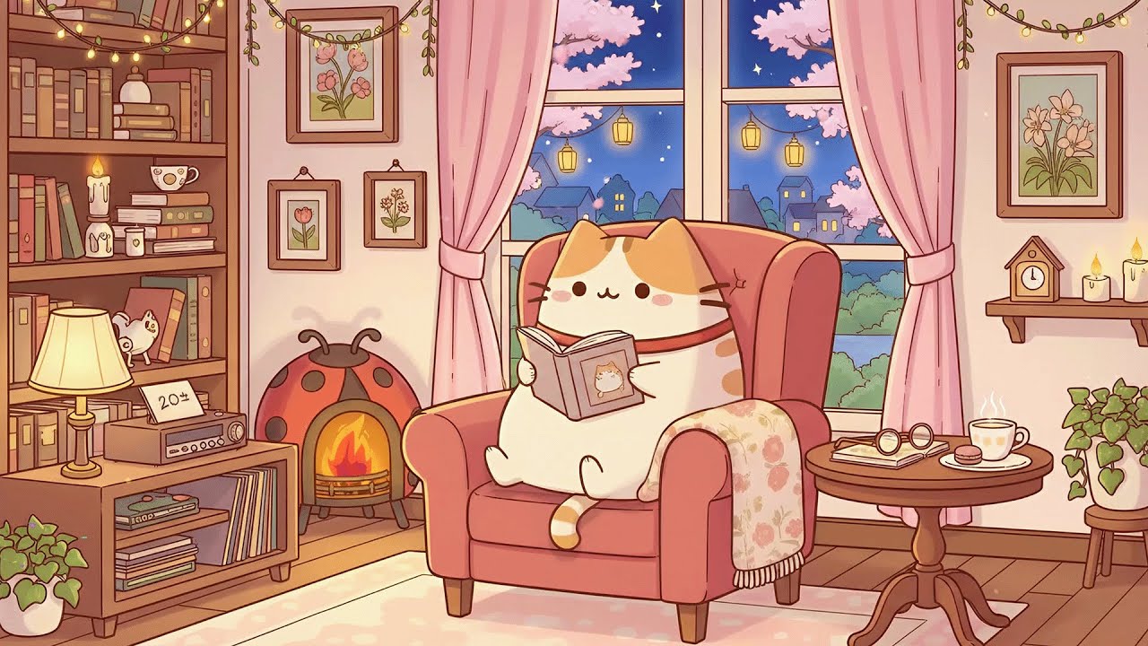 Pusheen’s Cozy Spring Nook 🌸 Lofi Beats for Study & Focus 📚 Warm Evening Vibes