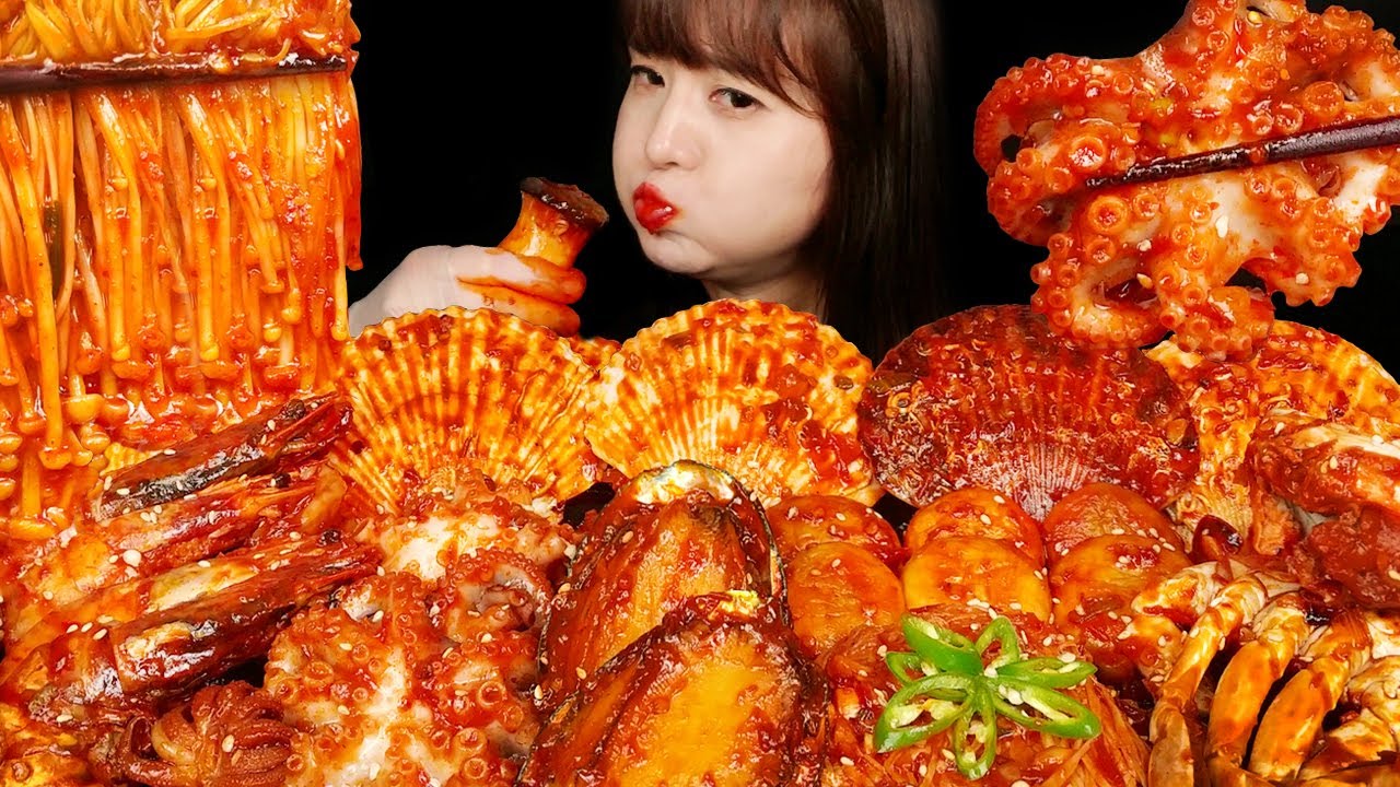 ASMR(приготовление и прием пищи) острые морепродукты(краб, морской гребешок, морское ушко, осьминог)