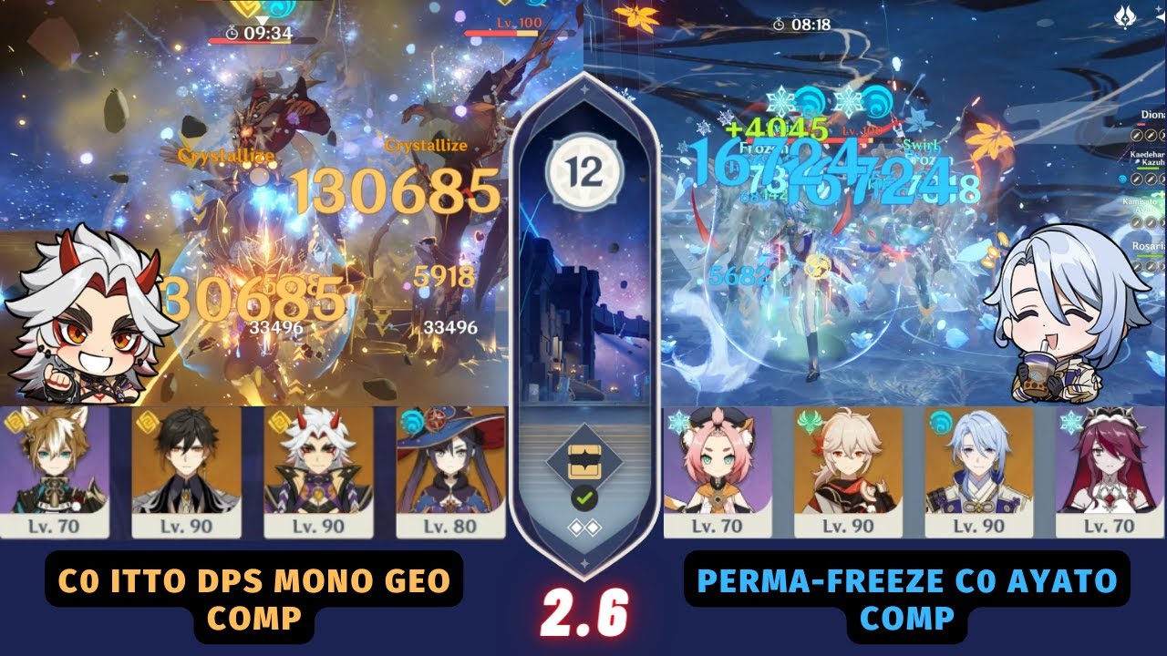 Spiral Abyss 2.6 Floor 12 9 Stars | Perma-Freeze C0 Ayato Comp & Mono Geo C0 Arataki Itto Comp