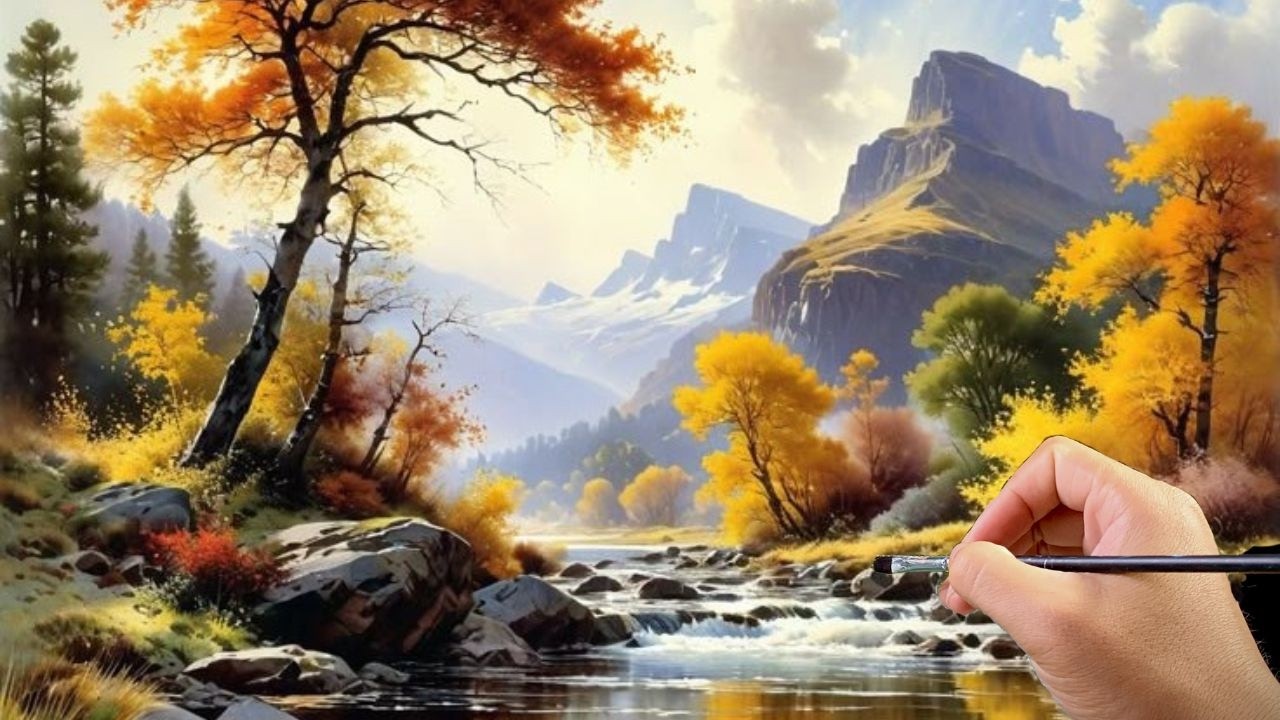 🎨 Painting a Stunning Autumn River Scene | Relaxing Acrylic Landscape Tutorial | #034