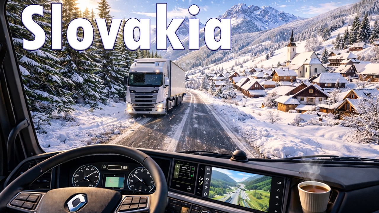Winter truck trip through snowy Slovak forests, villages