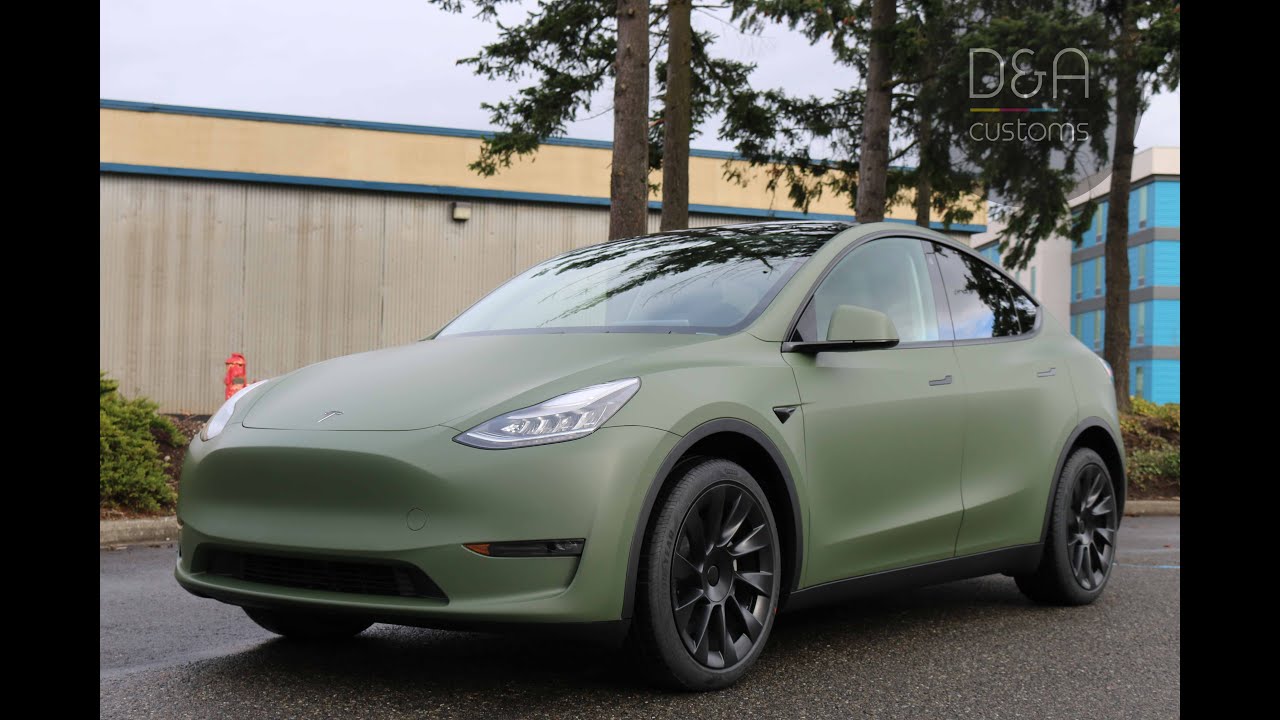 Tesla Model Y wrapped with Matte Military Green D&A Customs Seattle | Bellevue | Tacoma