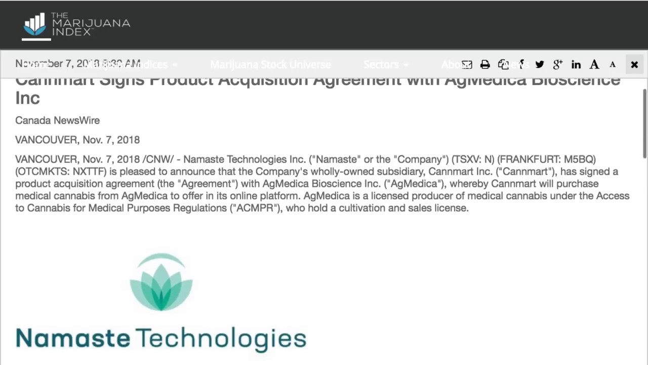 Namaste Technologies Inc.: Cannmart Signs Product Acquisition Agreement with AgMedica Bioscience Inc