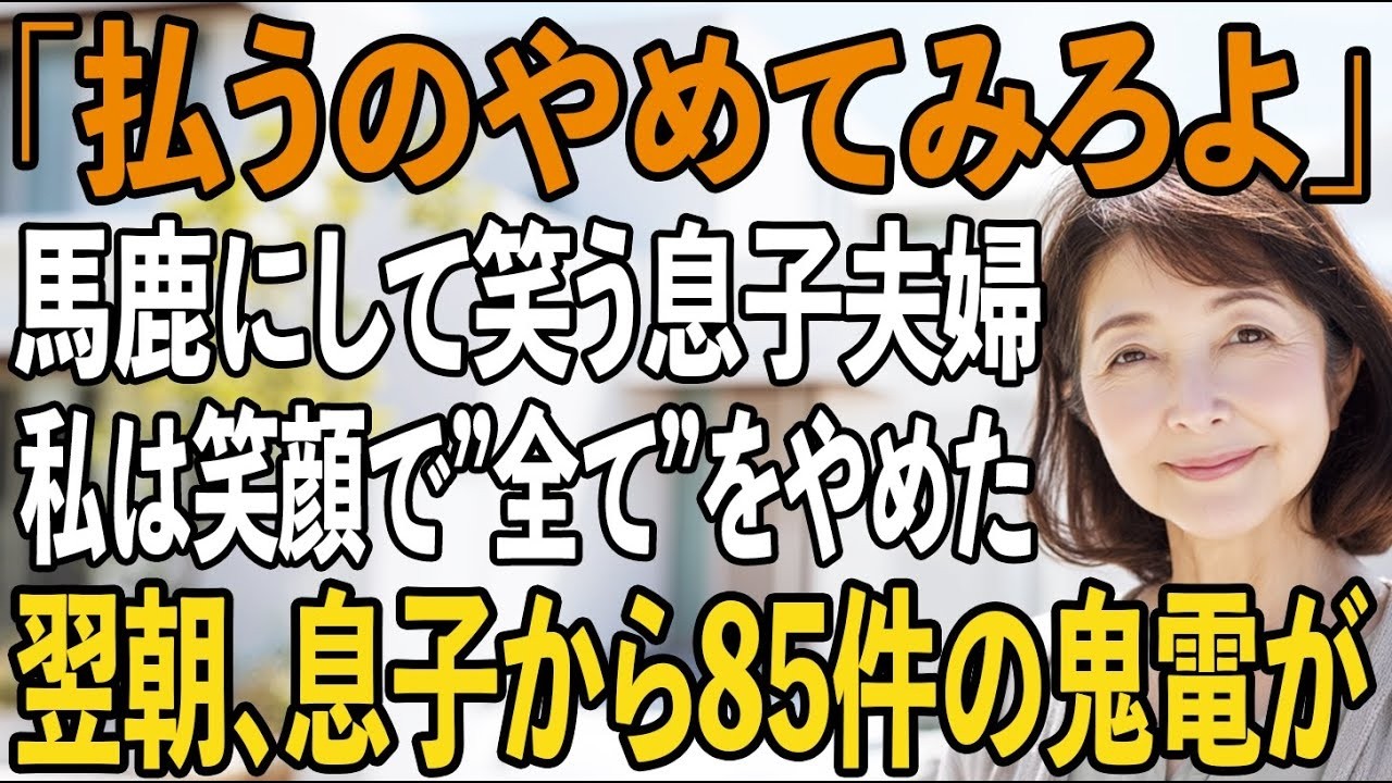 「支払い止めてみろよ」30万の住宅ローンを払う私を、恩着せがましいと嘲笑う息子夫婦。私は喜んで”全て”をやめると姿を消した→翌朝、半狂乱の息子から鬼電が【シニアライフ】【60代以上の方へ】
