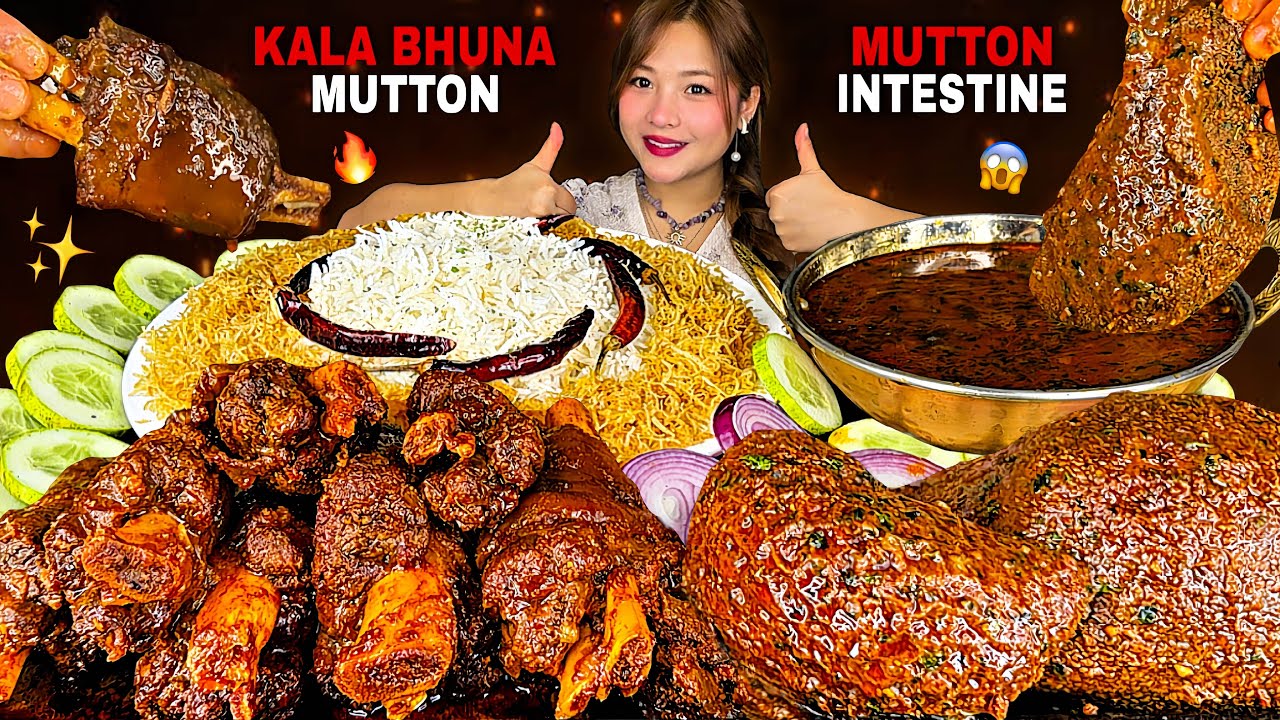 SPICY KALA BHUNA MUTTON NALLI🔥MUTTON INTESTINES😱FRY CHILIES🌶️WITH RICE & BHUJURI | NEPALI MUKBANG |