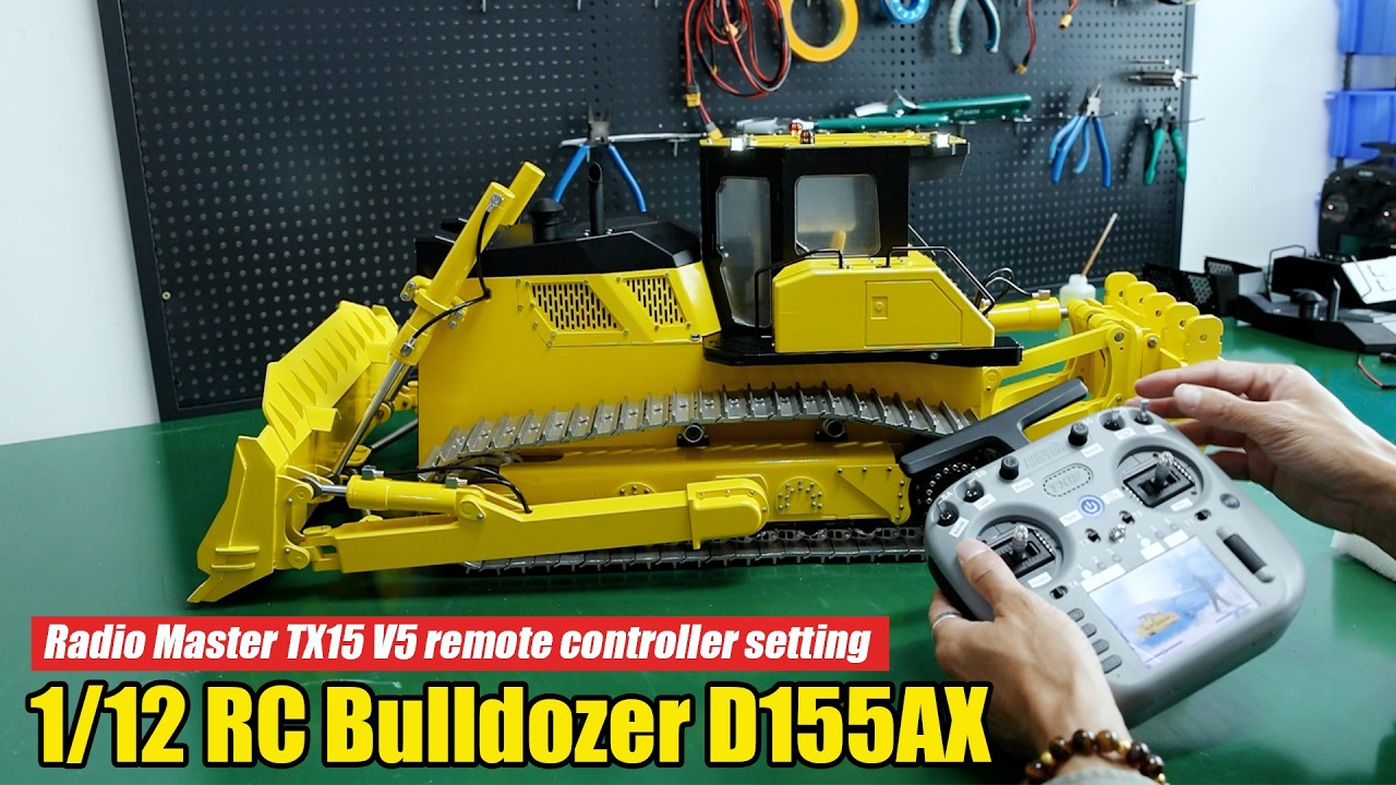 how to operate the 1/12 RC D155 bulldozer,weighing 47 kg with 7 valves. TX15 radio settings included