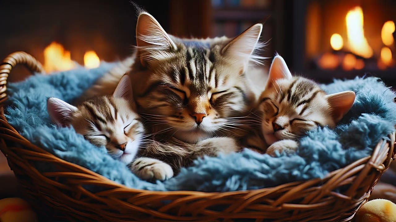 Peaceful Fireplace Sounds & Gentle Music with Sleeping Cat and Kittens