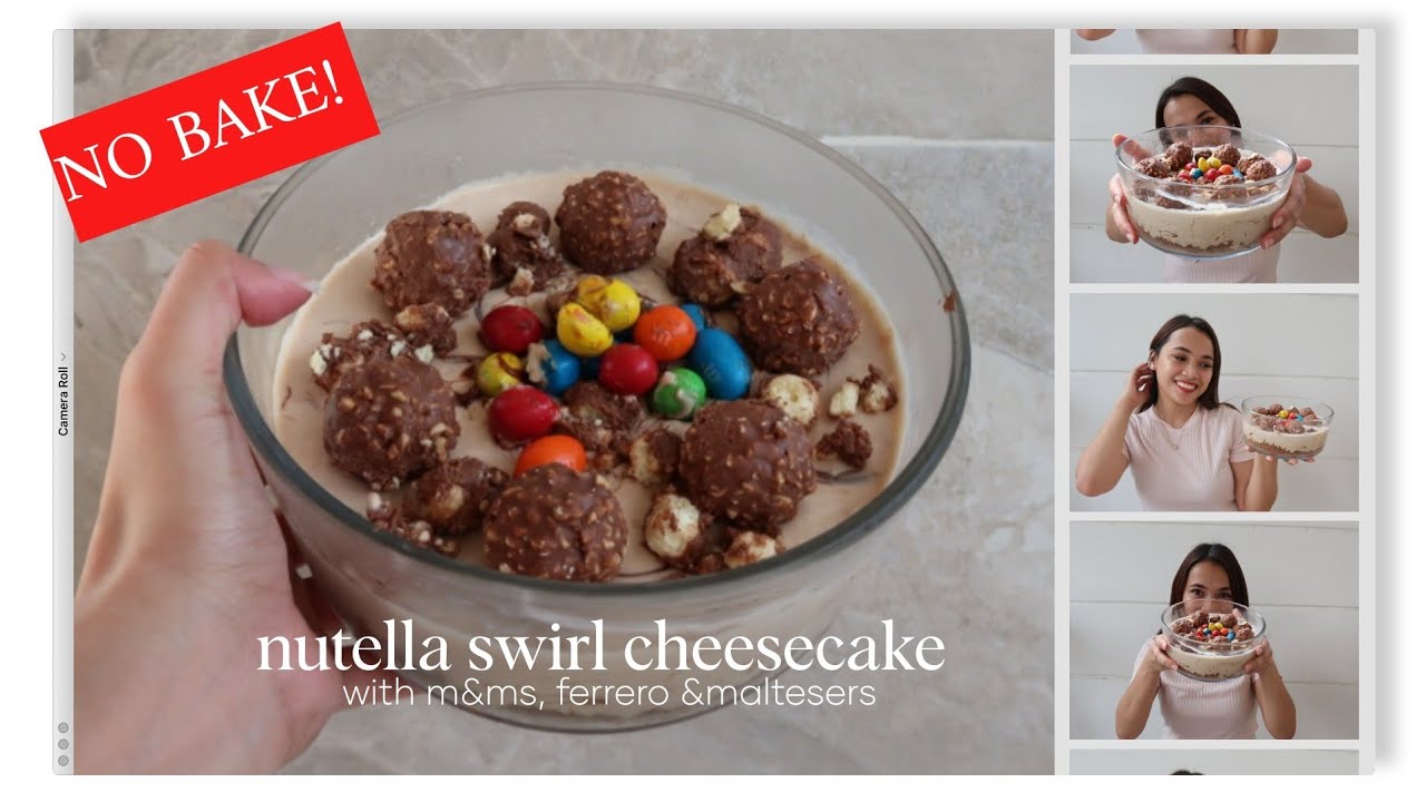 NO BAKE NUTELLA SWIRL CHEESECAKE WITH FERRERO MALTESERS AND M&MS