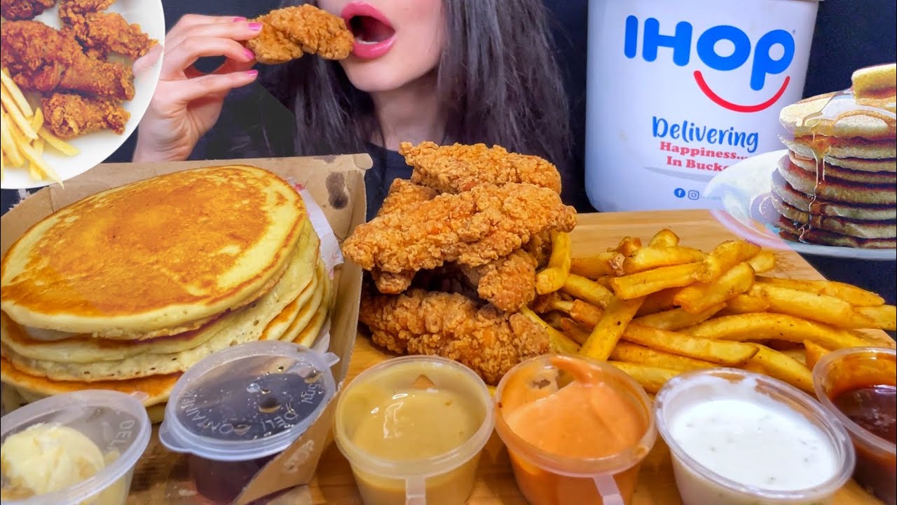 ASMR IHOP FOOD *FRIED CHICKEN + PANCAKES + FRIES MUKBANG (No Talking) EATING SOUNDS