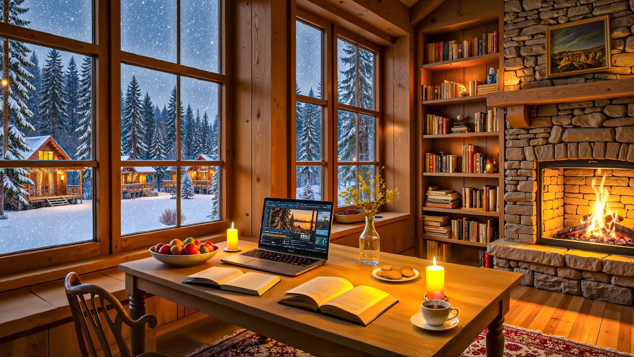 Work Jazz Music ☕ January Winter Jazz at Cabin Ambience & Crackling Fireplace for Focus & Unwind