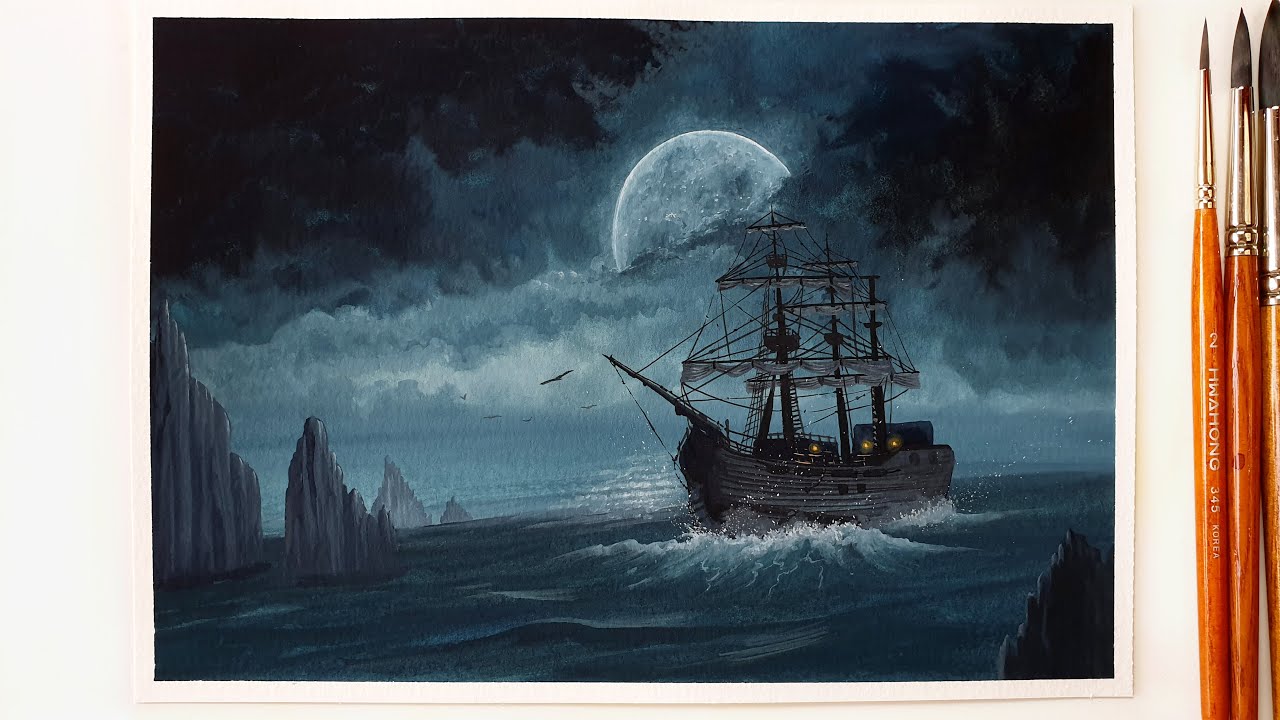 Moonlight Ship Painting with Gouache ｜ Night Ocean Painting