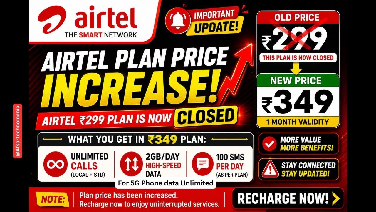 Airtel Latest Update 2026, Airtel😳 ₹299 Recharge Plan बंद 😱 अब करना होगा ₹349 Recharge!💥🔥
