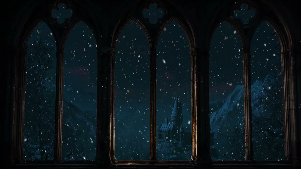 Quiet Hogwarts Winter Window Scene | Falling Snow Ambience & Whispering Wind for Study and Rest