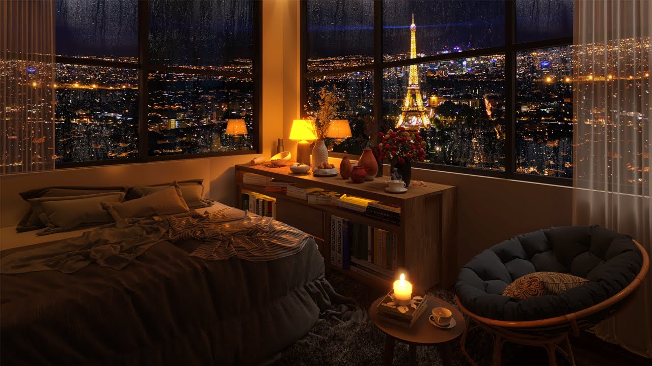 Rainy Night in Luxury Paris Apartment with Relaxing Jazz Piano Music for Study, Sleep, Relax [4K]