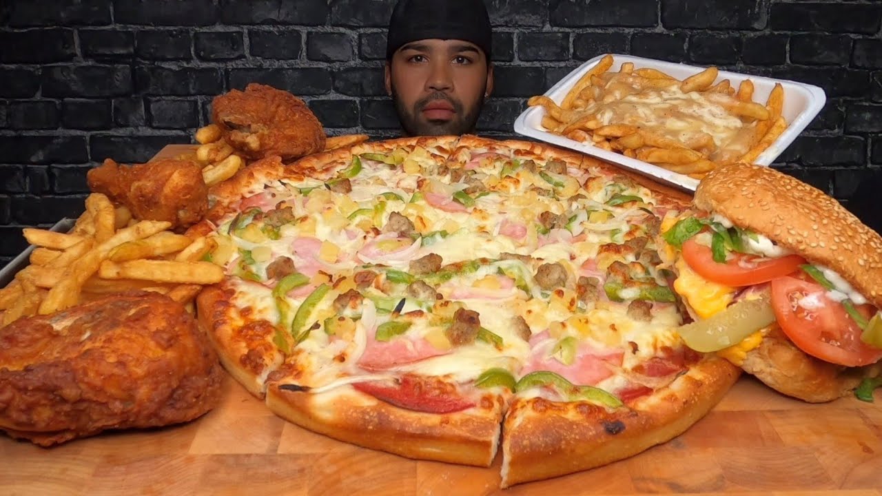 DELUXE PIZZA, BACON CHEESE BURGER, FRIED CHICKEN, AND DONAIR MUKBANG