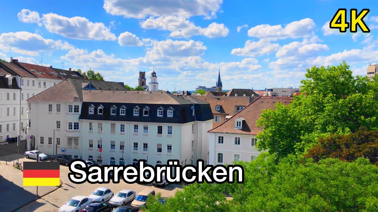 Germany 🇩🇪 Walking tour Sarrebruck City panoramic view City Sounds 4K promenade dans la ville